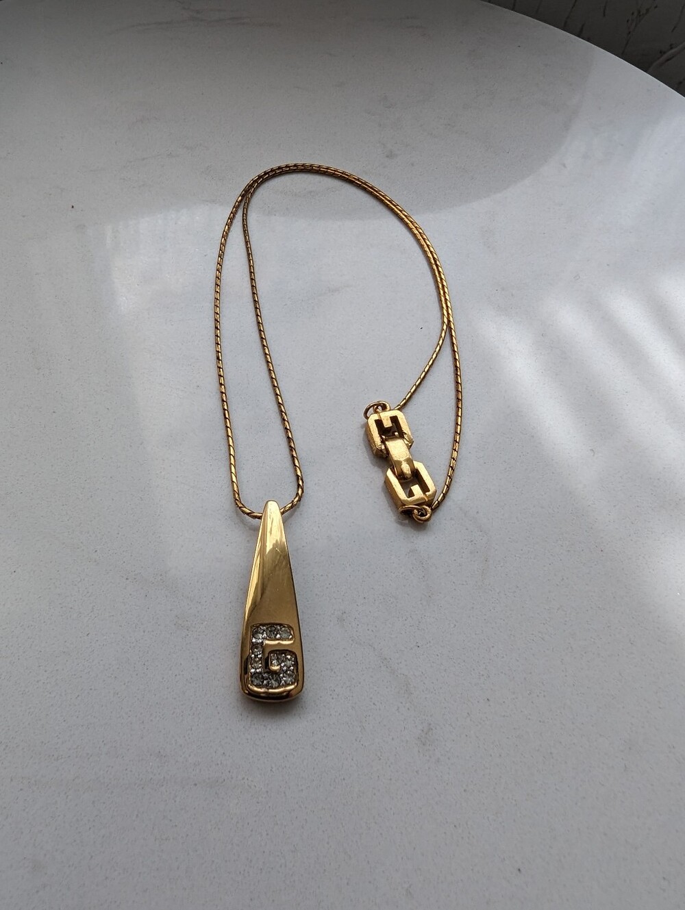 100 % Authentic GIVENCHY Vintage Gold Plated G Crystal Necklace (1982) W/COA